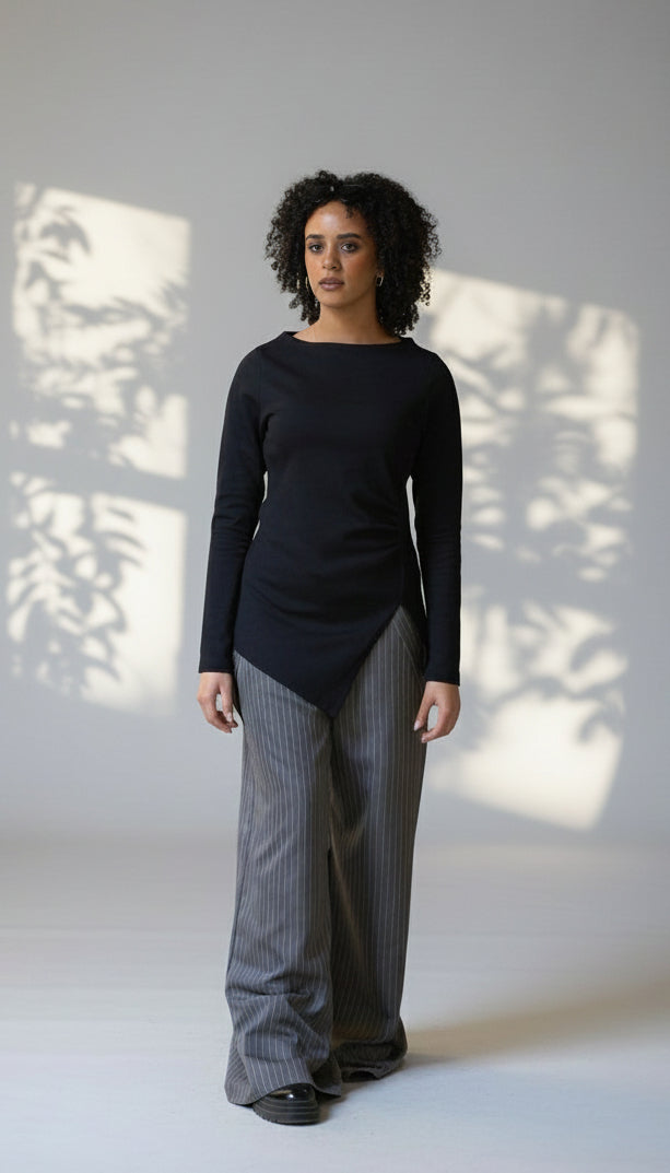 Gray Pinstriped Wide-Leg Pants