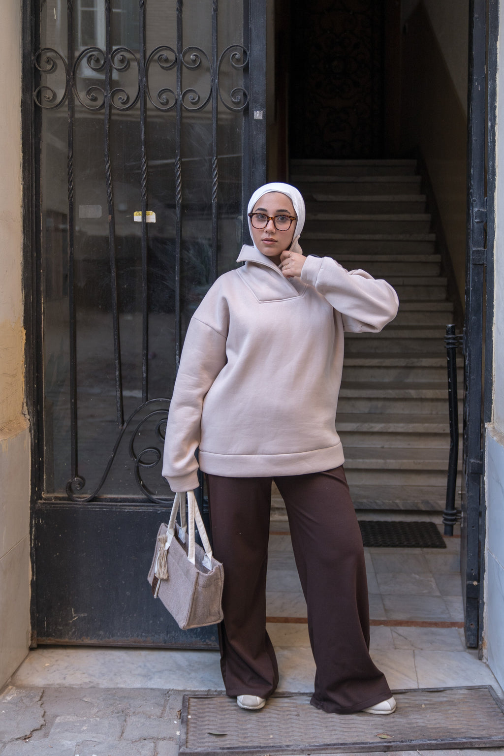 Oversized Beige High-Neck Sweatshirt
