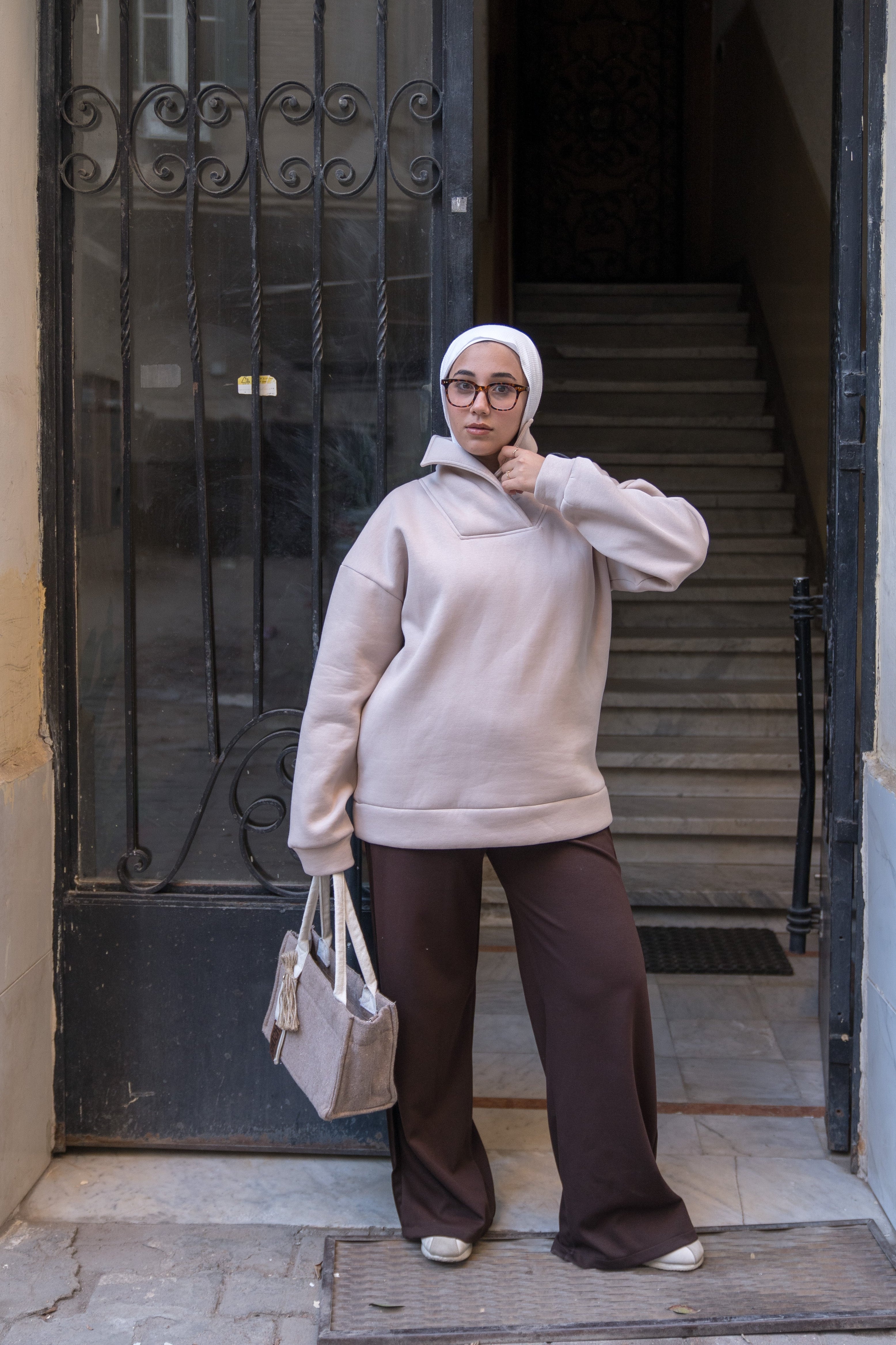 Oversized Beige High-Neck Sweatshirt