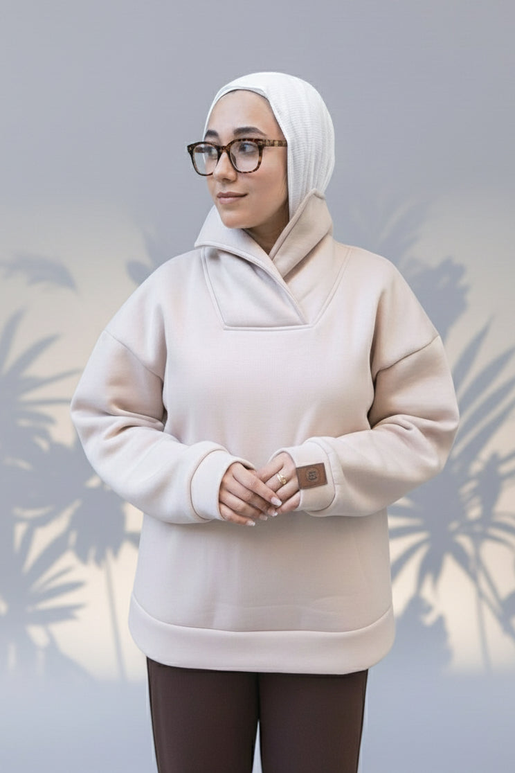 Oversized Beige High-Neck Sweatshirt