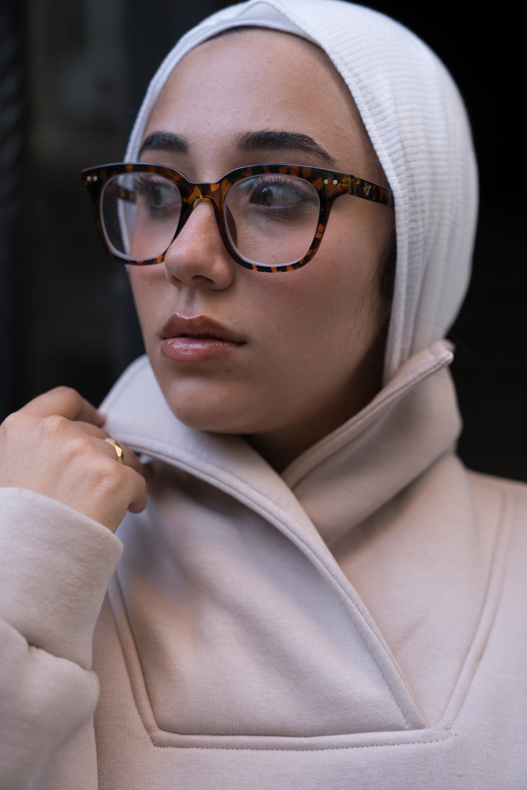 Oversized Beige High-Neck Sweatshirt