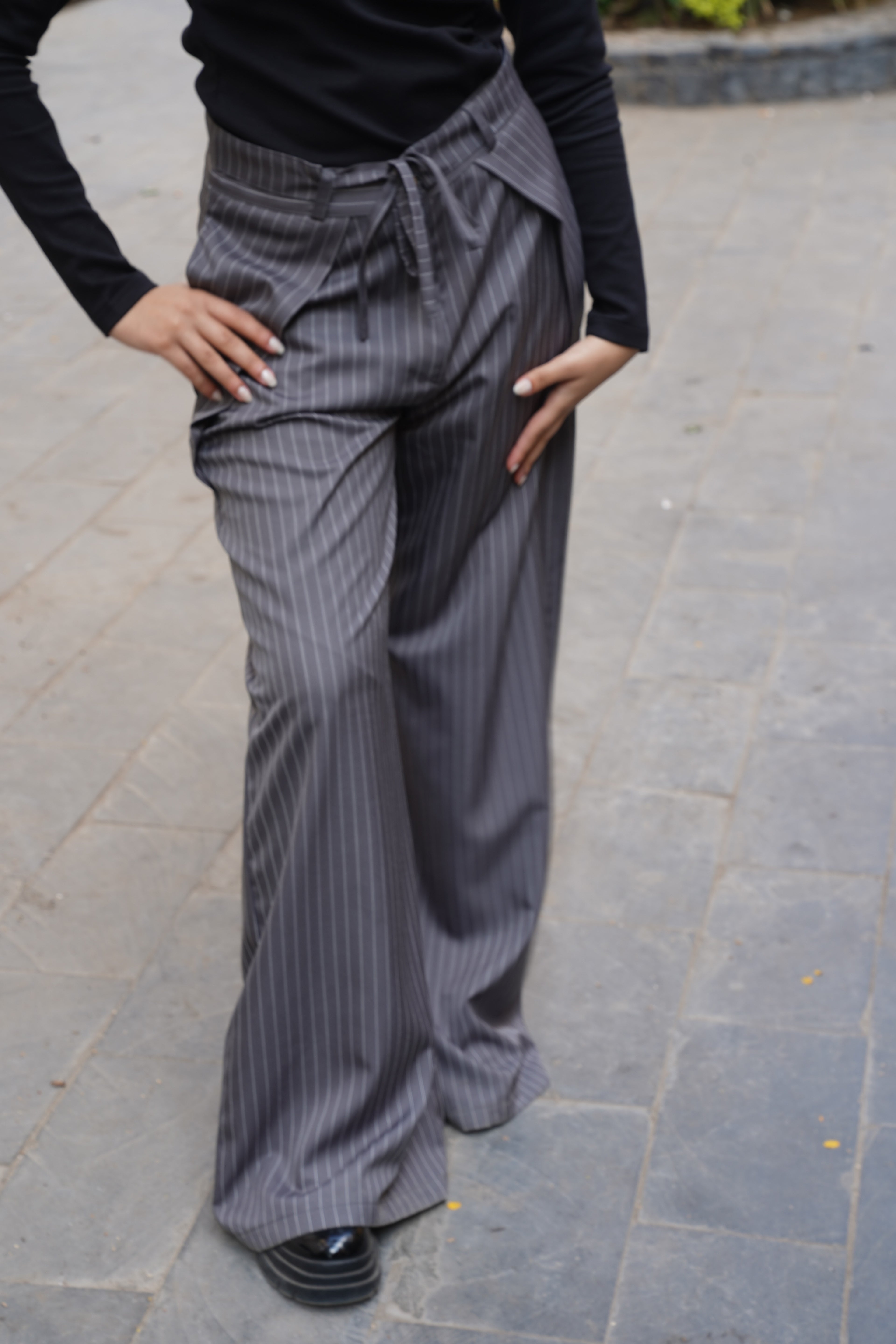 Gray Pinstriped Wide-Leg Pants