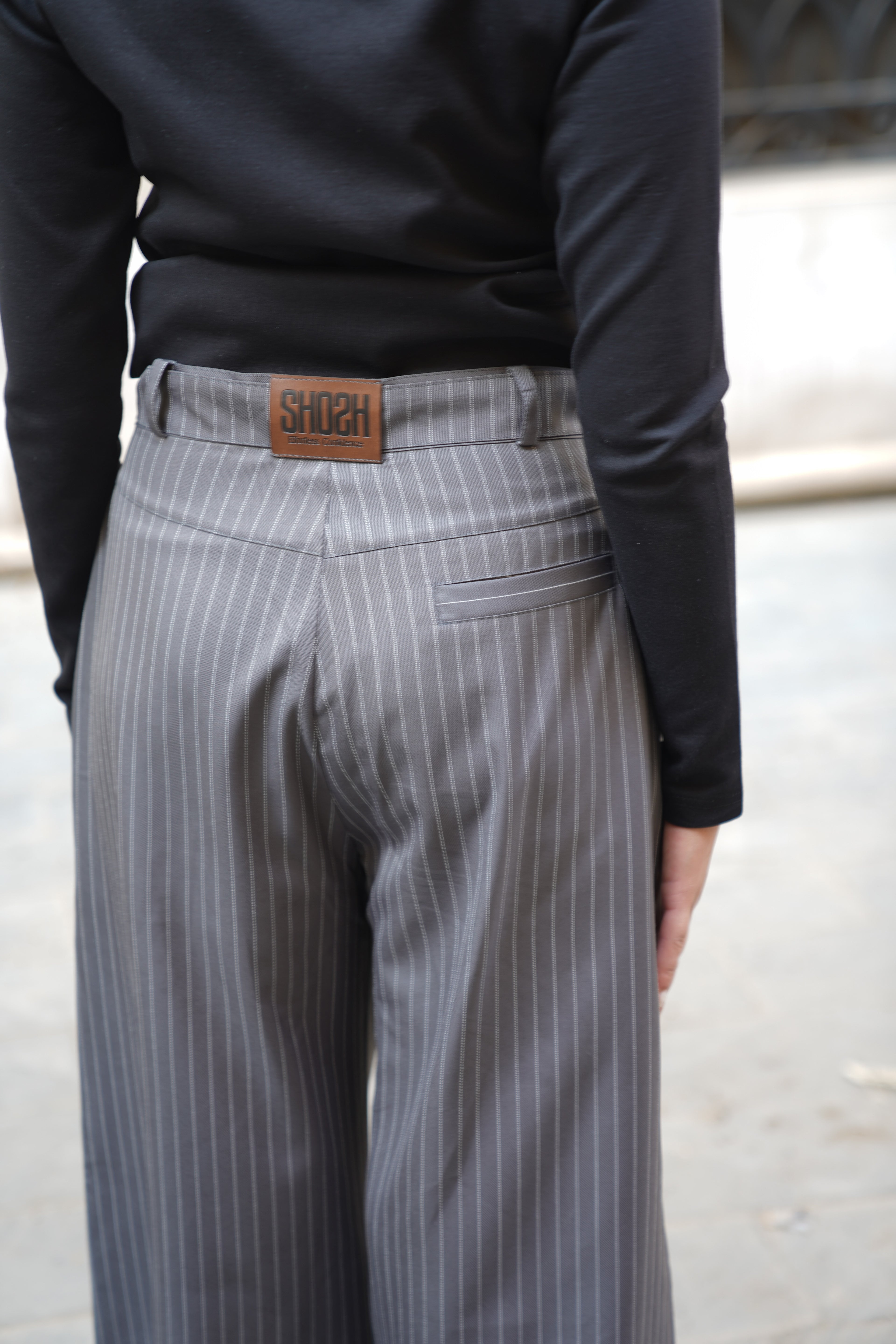 Gray Pinstriped Wide-Leg Pants